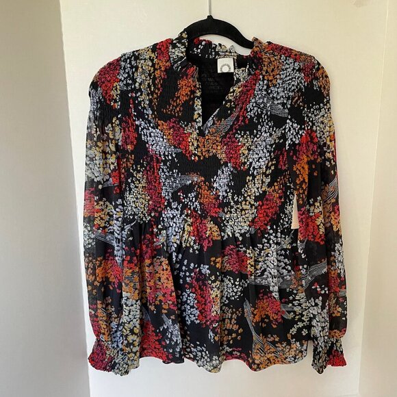 Anthropologie Floral Blouse Womens XS V-Neck Smocked Long Sleeve Relaxed Tunic - Picture 5 of 15